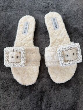 Steve Madden Cream Quilted Slide Mules with Beaded Buckle